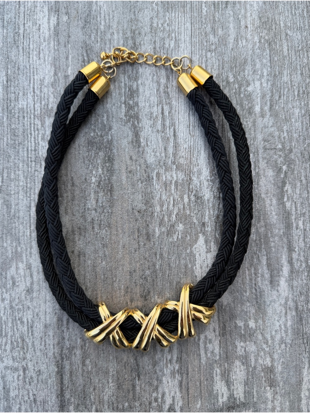 Black Braided Cord Necklace with Gold Accent
